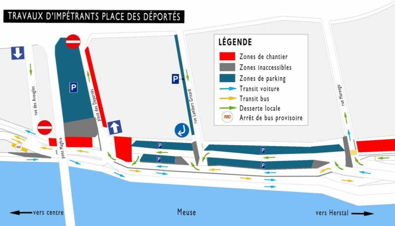 Travaux sur la place des déportés et le quai Saint-Léonard dans le cadre du chantier du tram