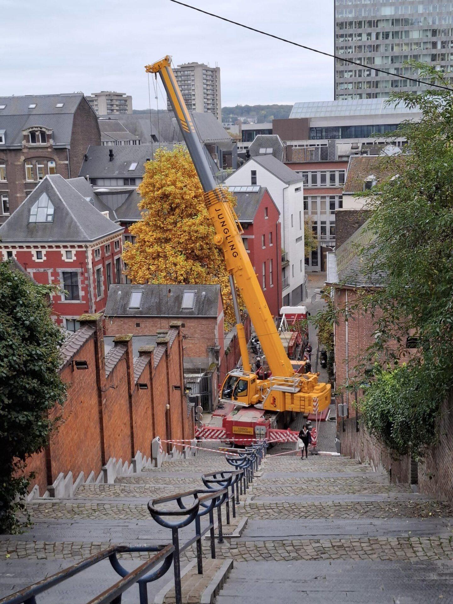 Une grue montagne de Bueren pour des travaux au collège Saint-Barthélemy